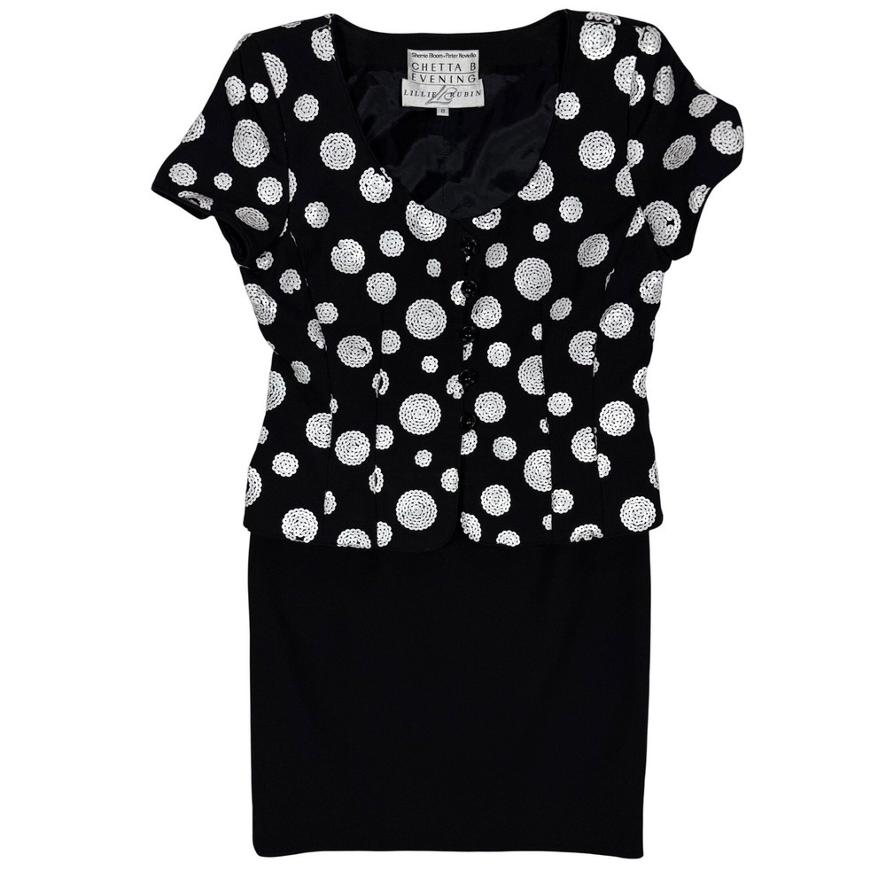 VINTAGE USA CHETTA B Evening by Lillie Rubin Black/White Polka Dot Skirt Suit, 8
